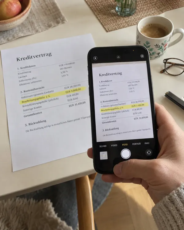 Eine Hand fotografiert mit dem Handy die Kostenübersicht eines Kreditvertrags, die Bearbeitungsgebühr ist gelb markiert